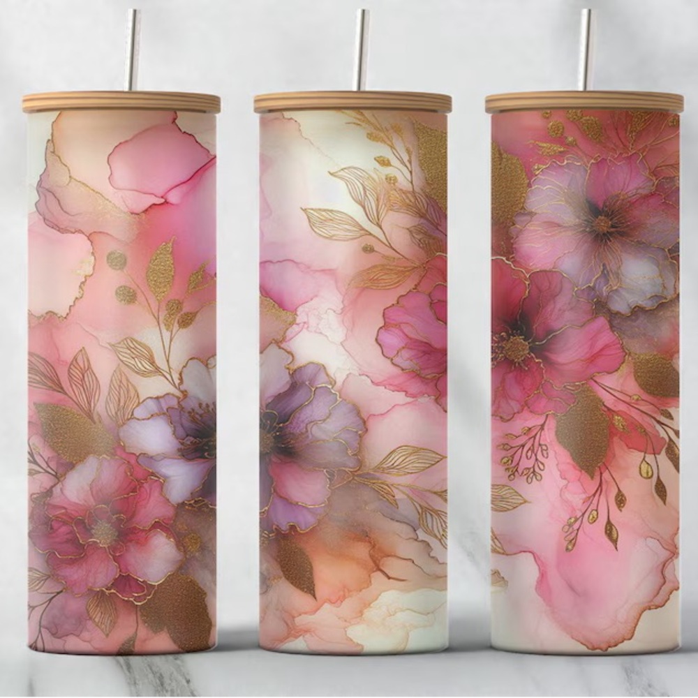 Floral Frosted Glass Tumbler with Straw - Pink and Gold